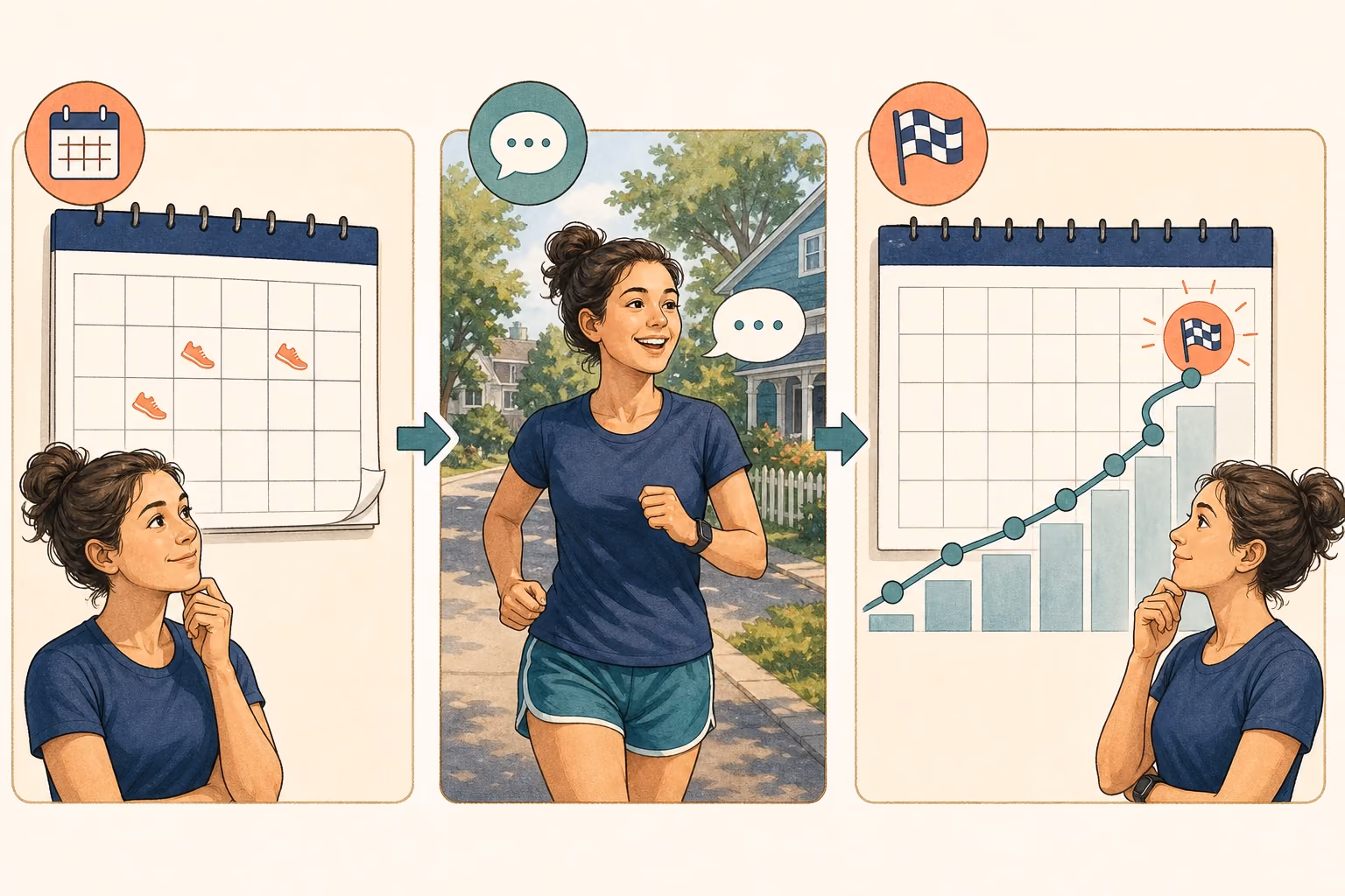 Three-panel illustration showing a runner checking weekly availability, running conversationally, and allowing a gradual path to race day