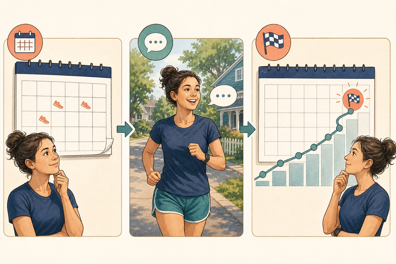 Three-panel illustration showing a runner checking weekly availability, running conversationally, and allowing a gradual path to race day