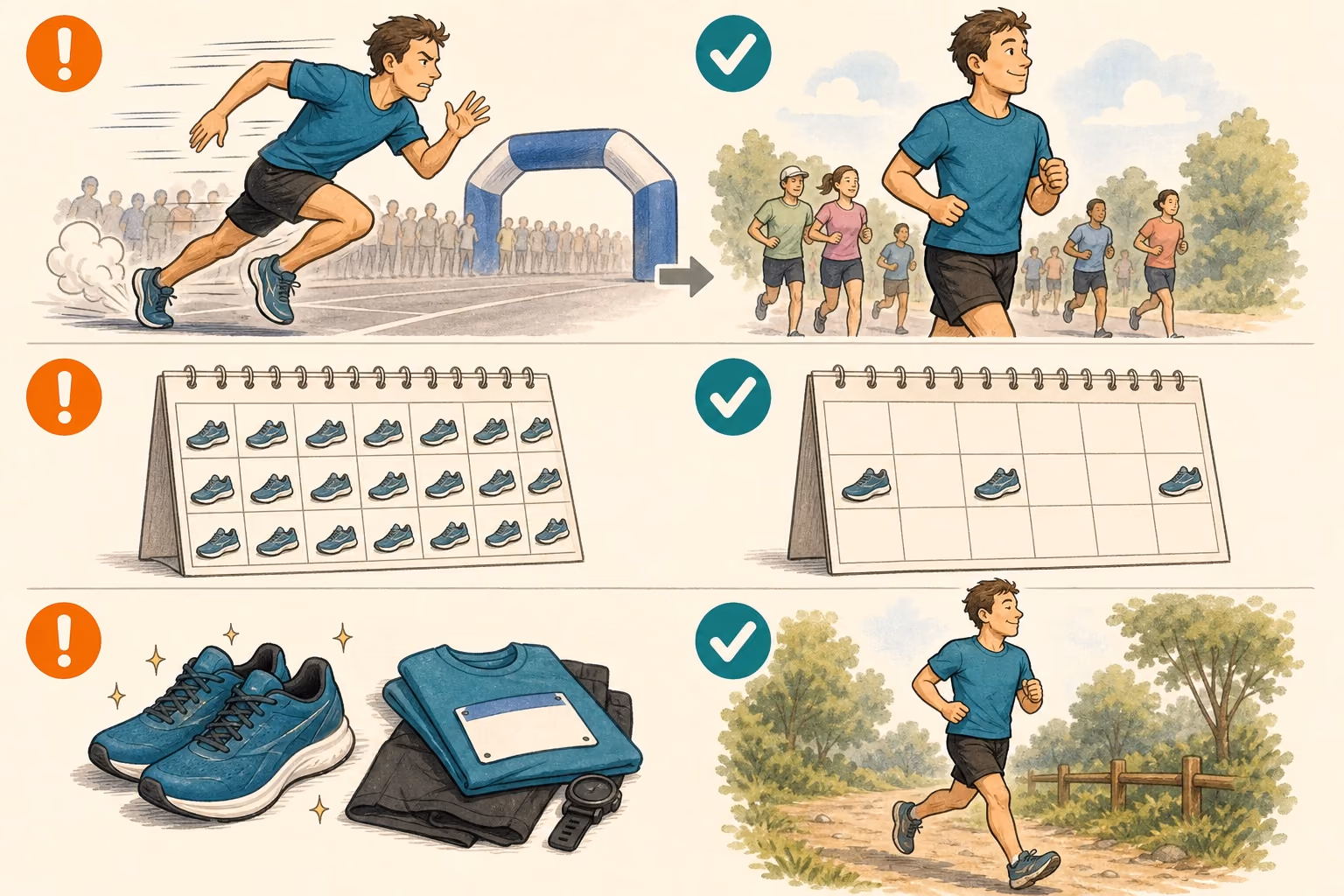 Instructional comparison of starting too fast versus controlled, crowding a calendar versus spacing runs, and saving new shoes for race day versus testing shoes in training