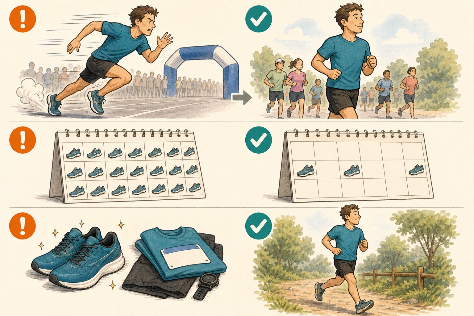 Instructional comparison of starting too fast versus controlled, crowding a calendar versus spacing runs, and saving new shoes for race day versus testing shoes in training