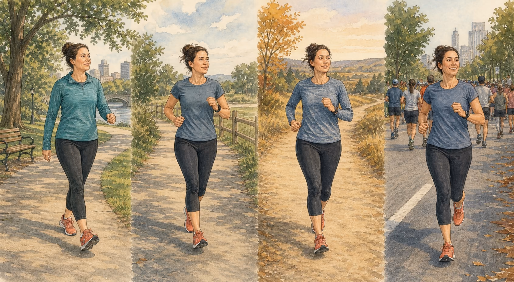 Four-stage illustration of the same beginner progressing from walking to run-walk training, steady weekly running, and a controlled half marathon