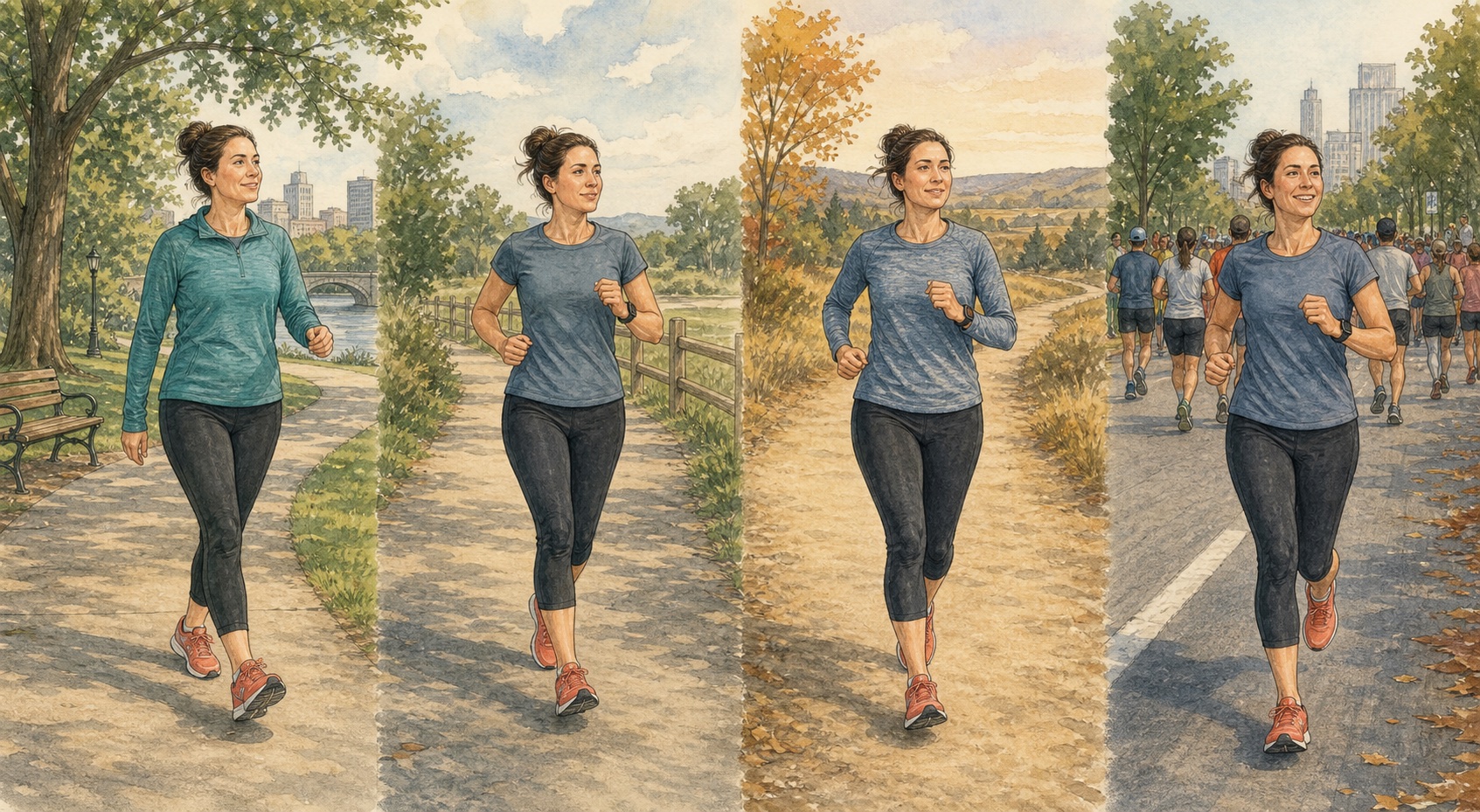 Four-stage illustration of the same beginner progressing from walking to run-walk training, steady weekly running, and a controlled half marathon