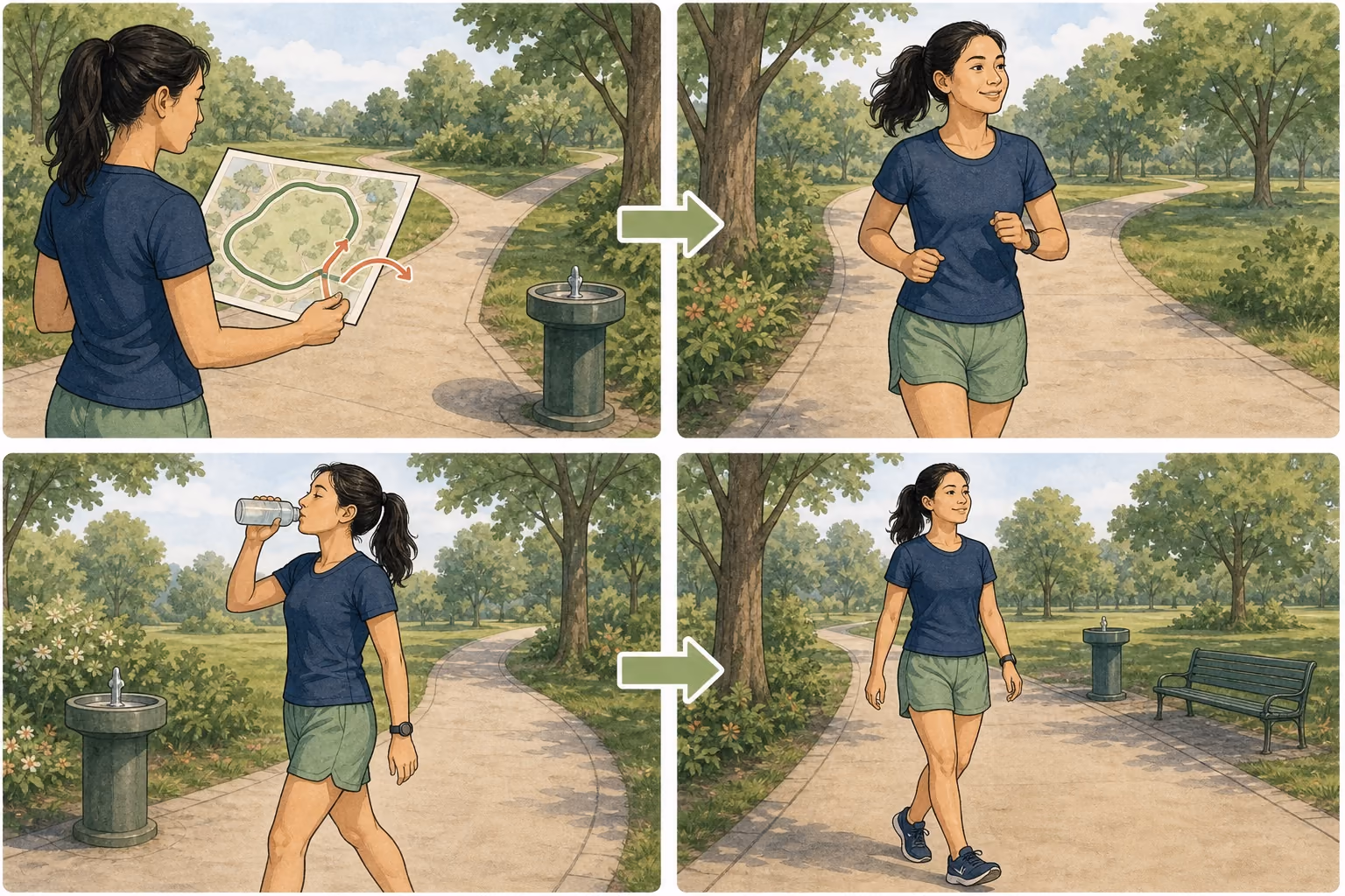 Four-panel illustration showing a runner planning a loop, beginning easily, taking a drink while walking, and finishing with an upright cooldown walk