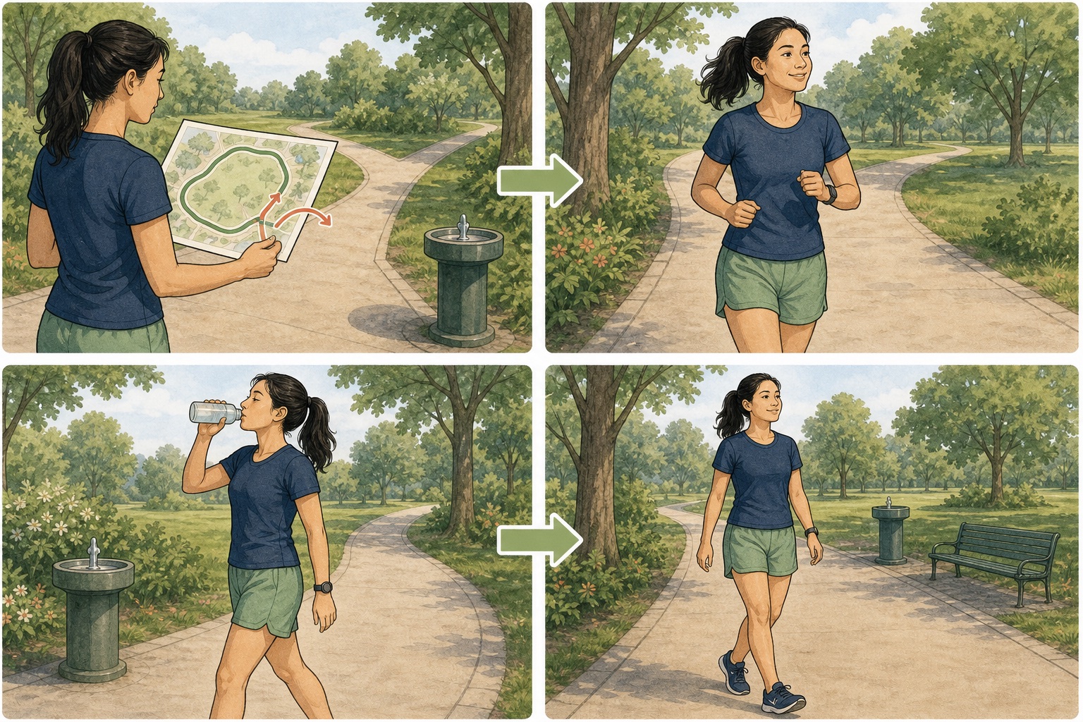 Four-panel illustration showing a runner planning a loop, beginning easily, taking a drink while walking, and finishing with an upright cooldown walk