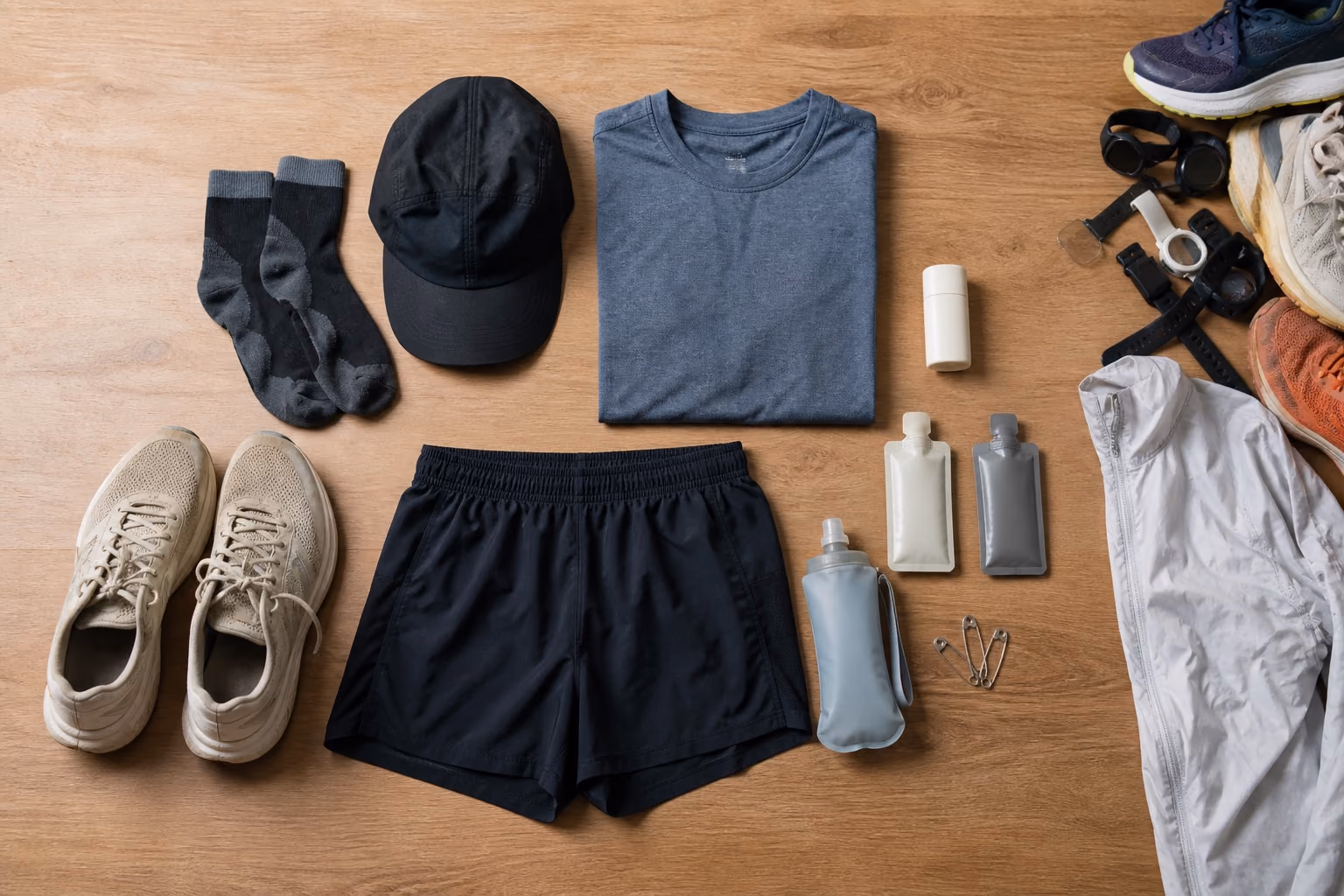 Top-down photograph of a minimal tested running kit with worn shoes, socks, clothing, cap, anti-chafe product, fuel, handheld bottle, pins, and a light layer