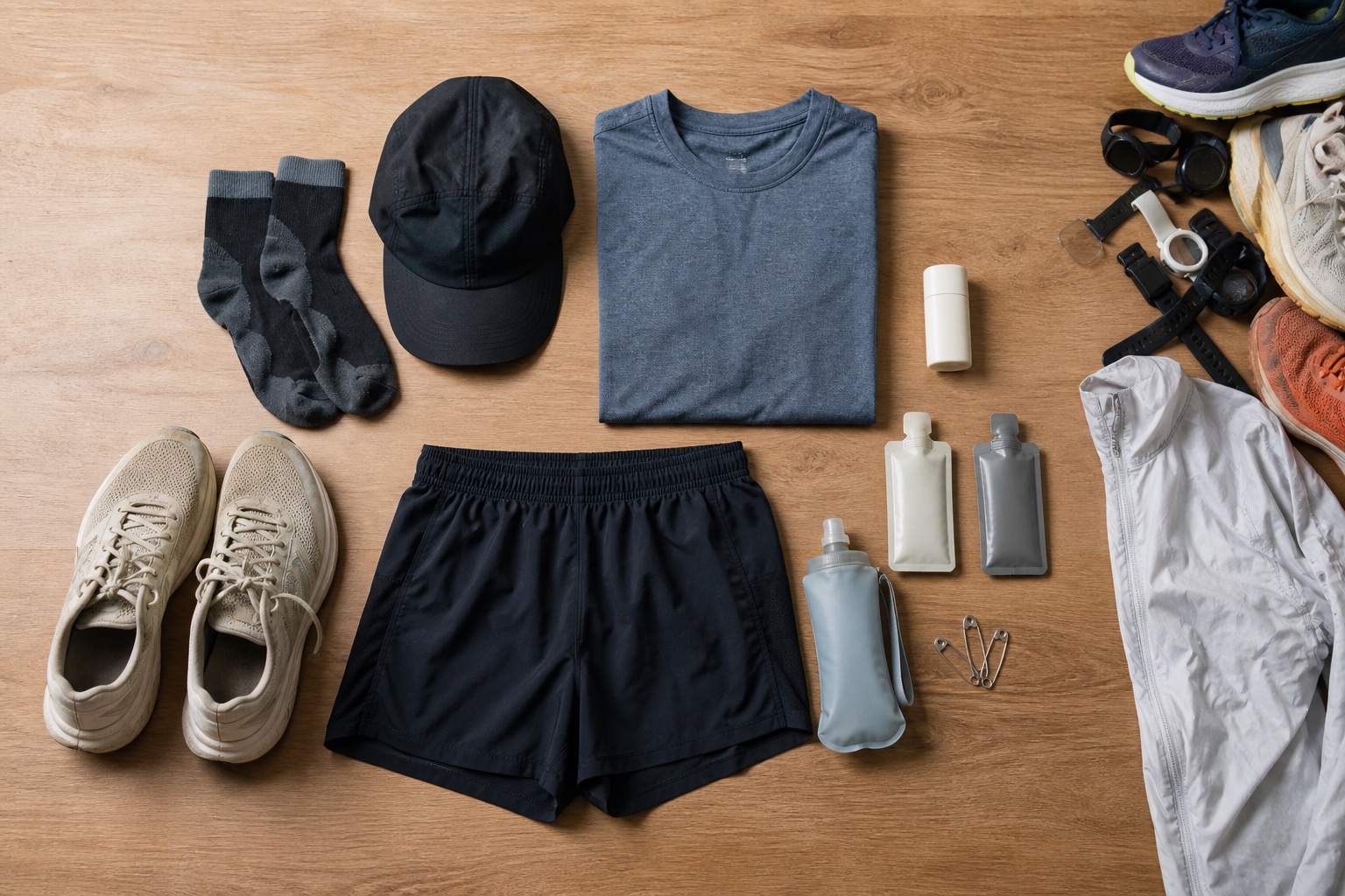 Top-down photograph of a minimal tested running kit with worn shoes, socks, clothing, cap, anti-chafe product, fuel, handheld bottle, pins, and a light layer
