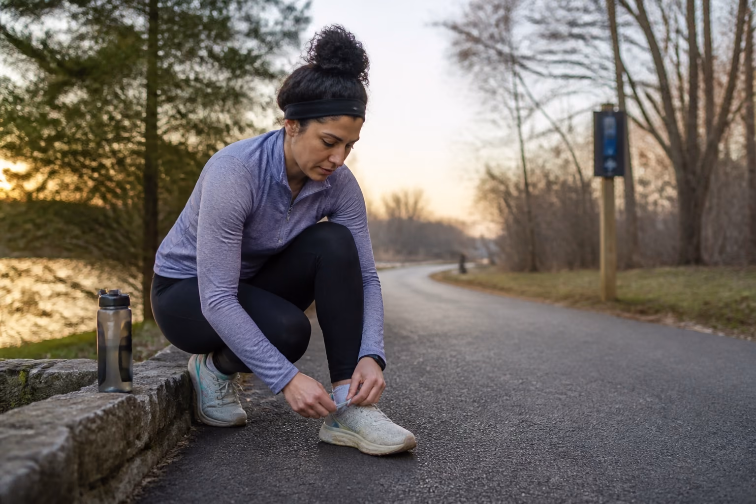Beginner runner tying familiar shoes beside a park path before a calm easy run