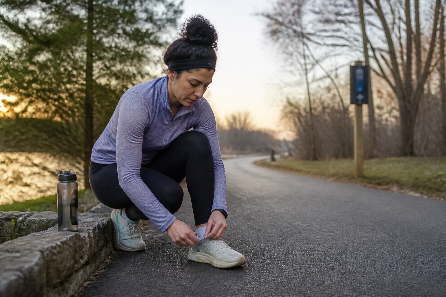 Beginner runner tying well-used shoes beside a quiet park path before an easy morning run