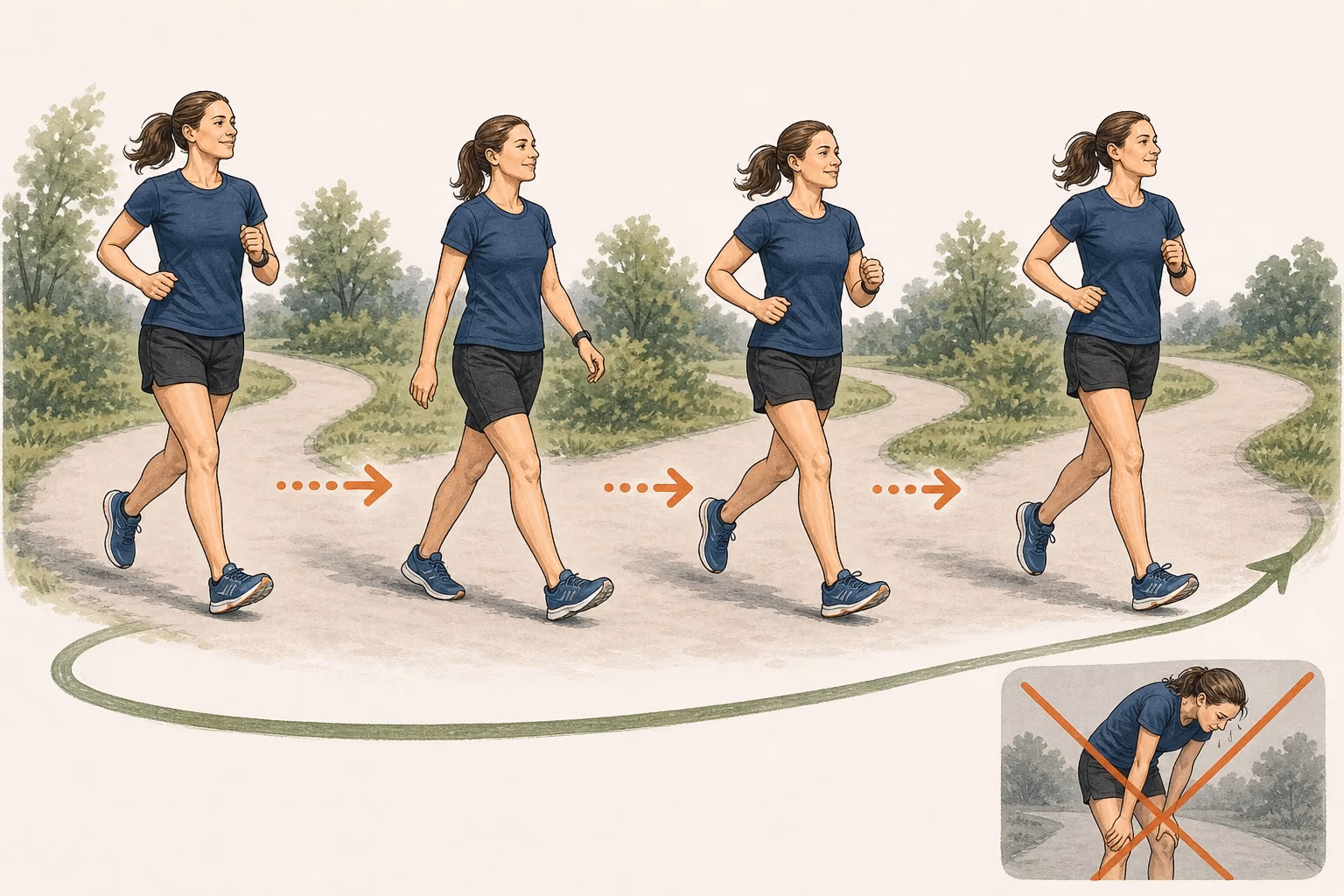 Instructional sequence showing a runner jogging easily, taking a planned brisk walk, resuming the jog, and finishing with steady posture