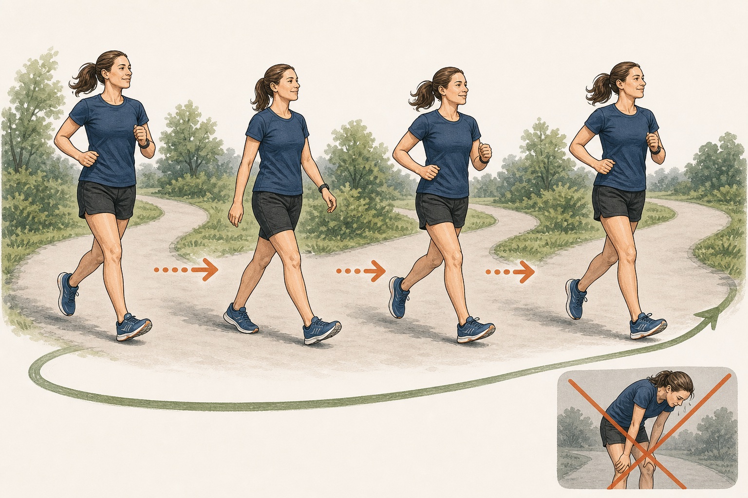 Instructional sequence showing a runner jogging easily, taking a planned brisk walk, resuming the jog, and finishing with steady posture