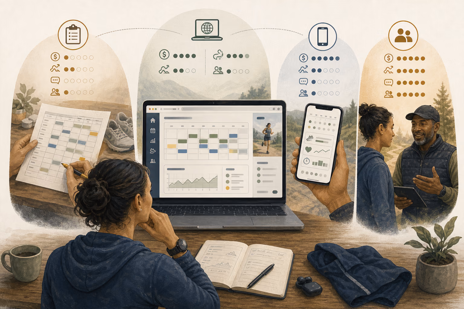 Runner comparing printable, adaptive web, subscription app, and coaching approaches
