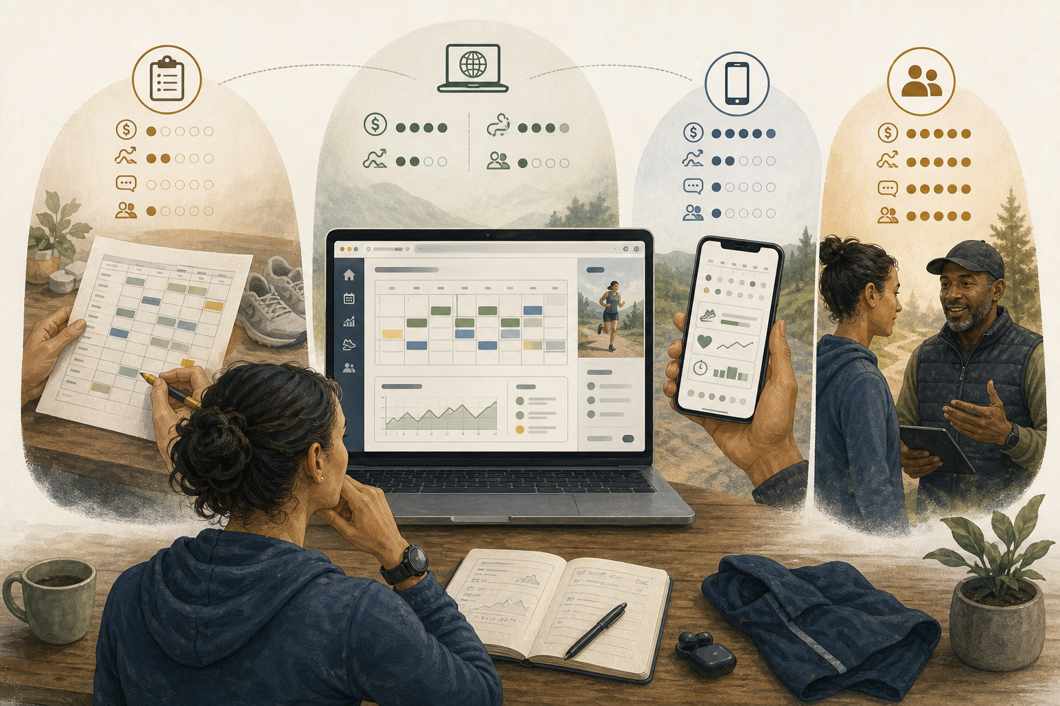 Runner comparing printable, adaptive web, subscription app, and coaching approaches