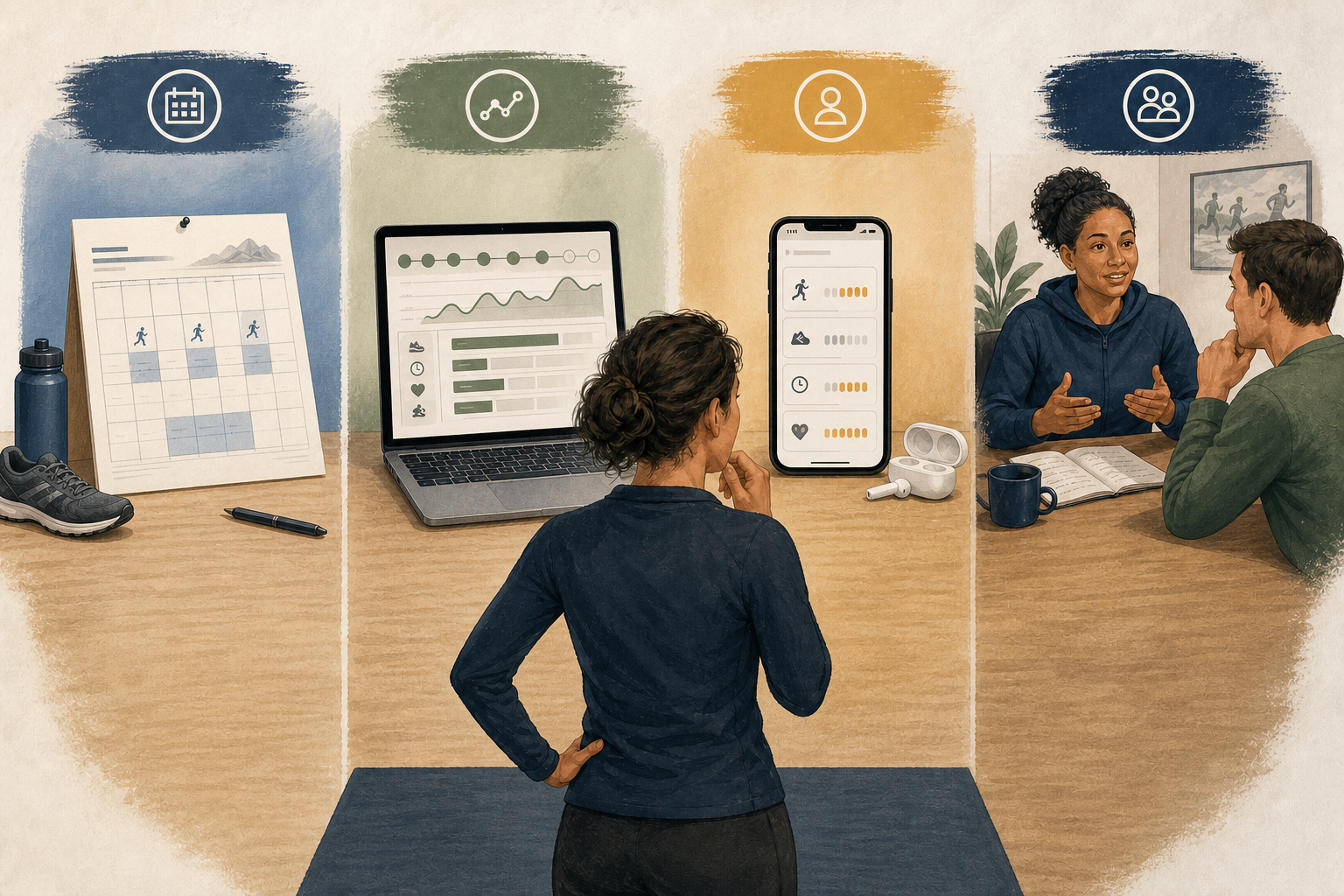 Runner comparing a fixed plan, adaptive web plan, subscription app, and human coaching