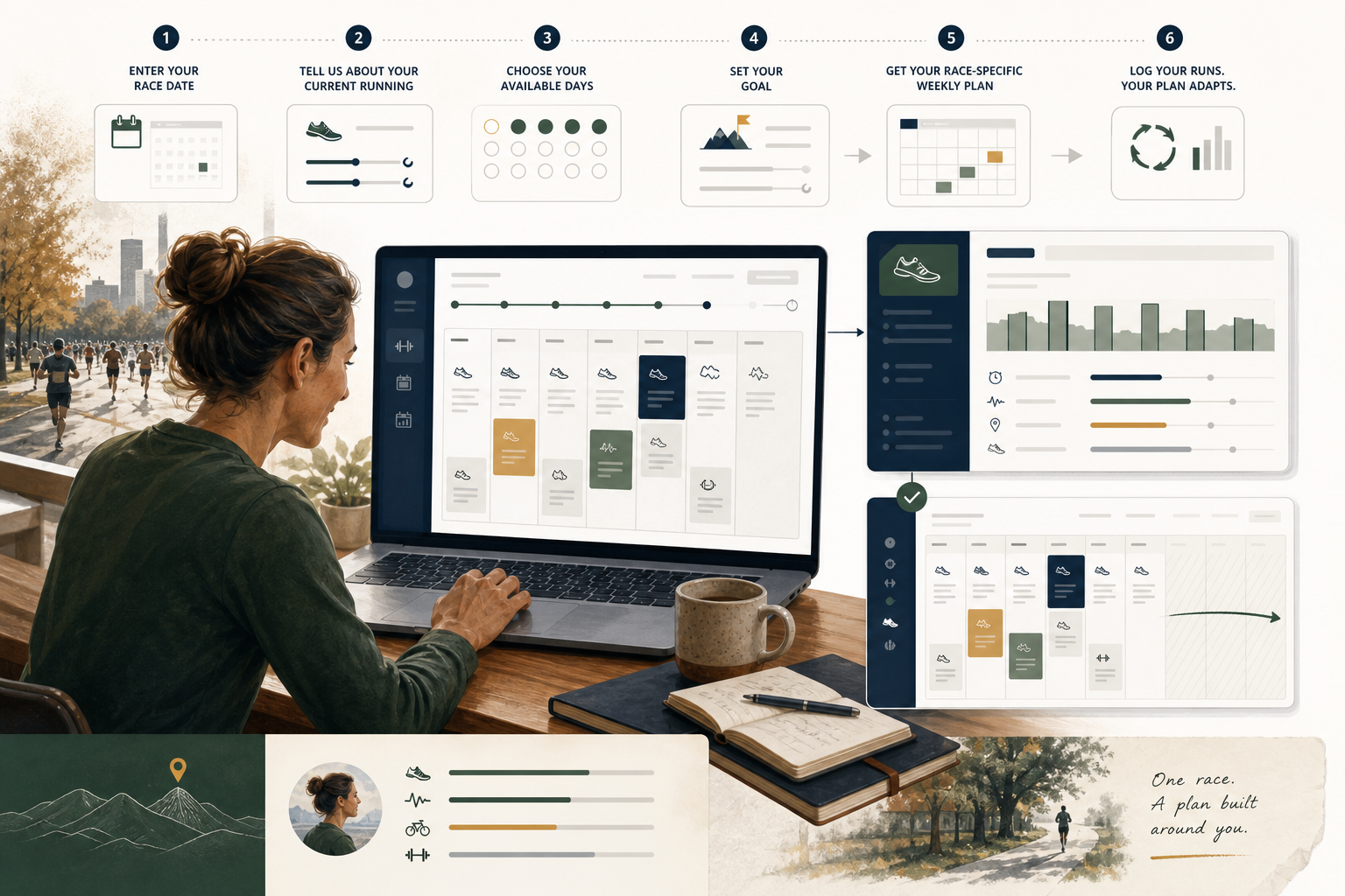 Runner entering race details and reviewing a personalized plan in a web dashboard