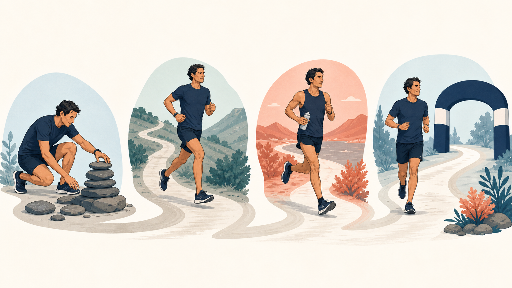 Instructional timeline of a runner building a stable base, completing controlled training, rehearsing with a bottle, and running easily before a finish arch