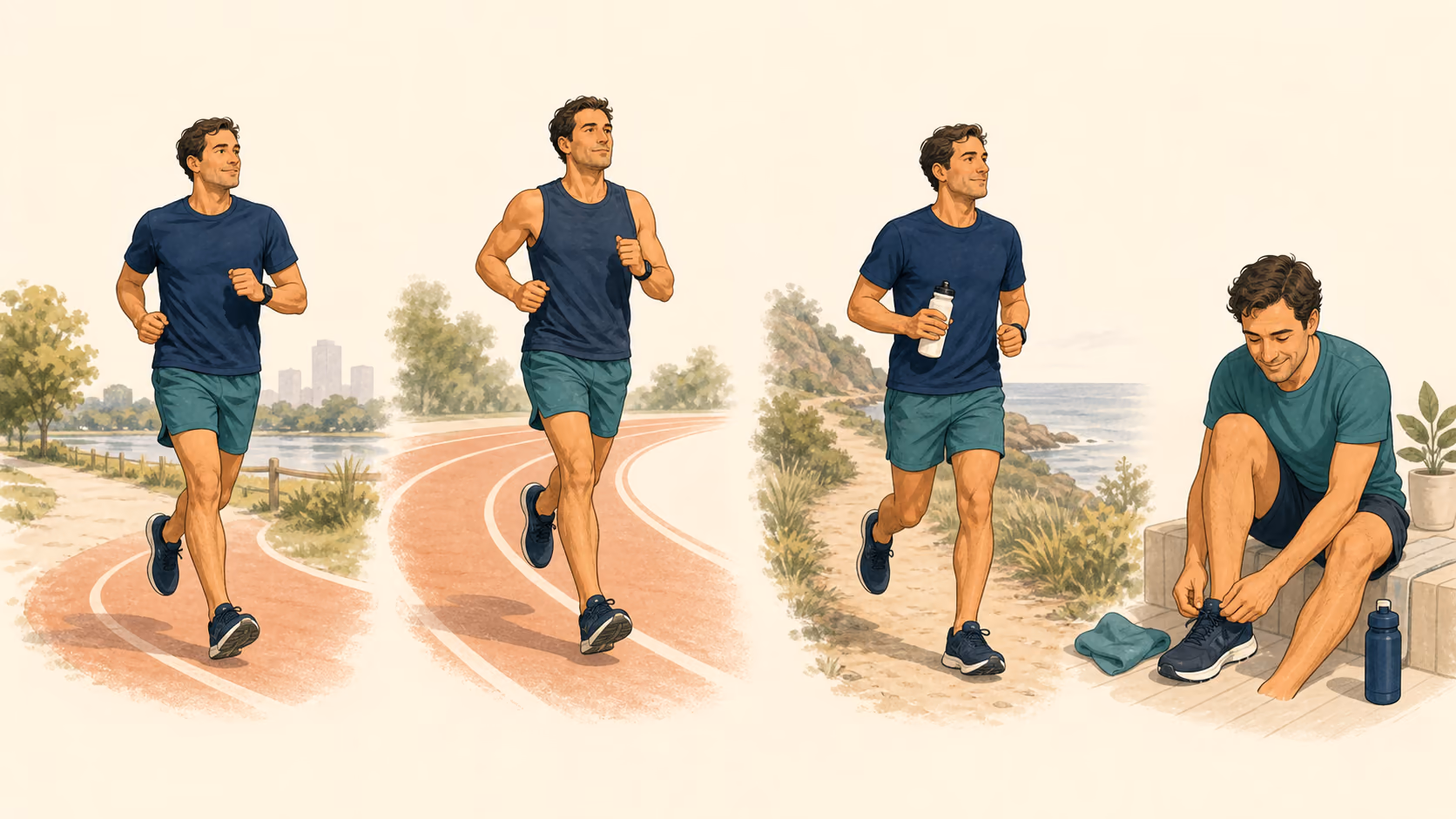 Runner completing an easy run, a longer weekend run, and a short recovery routine across one training week