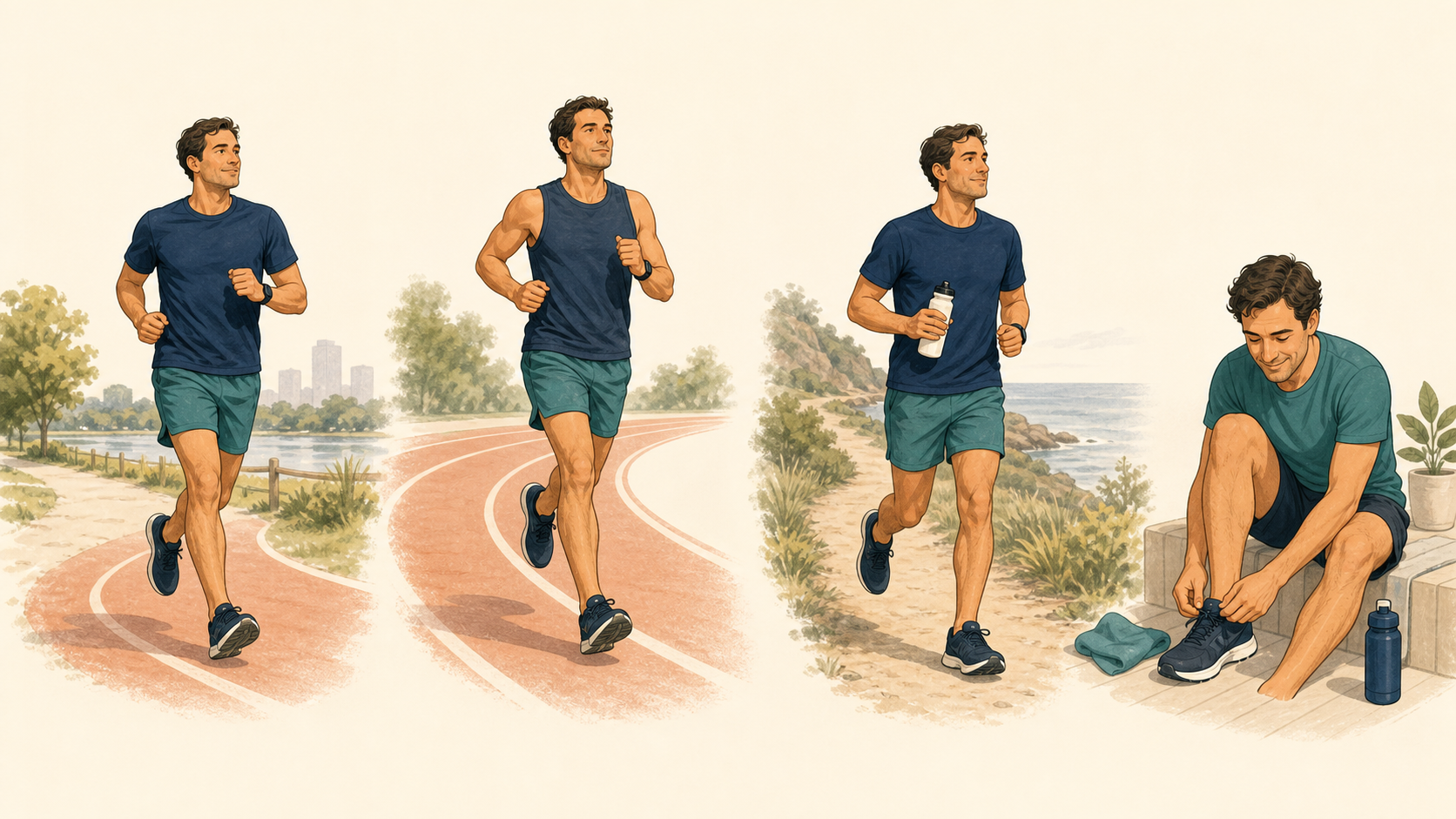 Instructional illustration of one runner completing an easy run, a controlled workout, a long run with a bottle, and a recovery routine