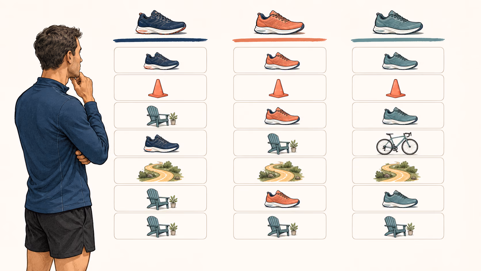 Runner comparing three illustrated weekly schedules using icons for easy runs, a workout, a long run, rest, and cycling