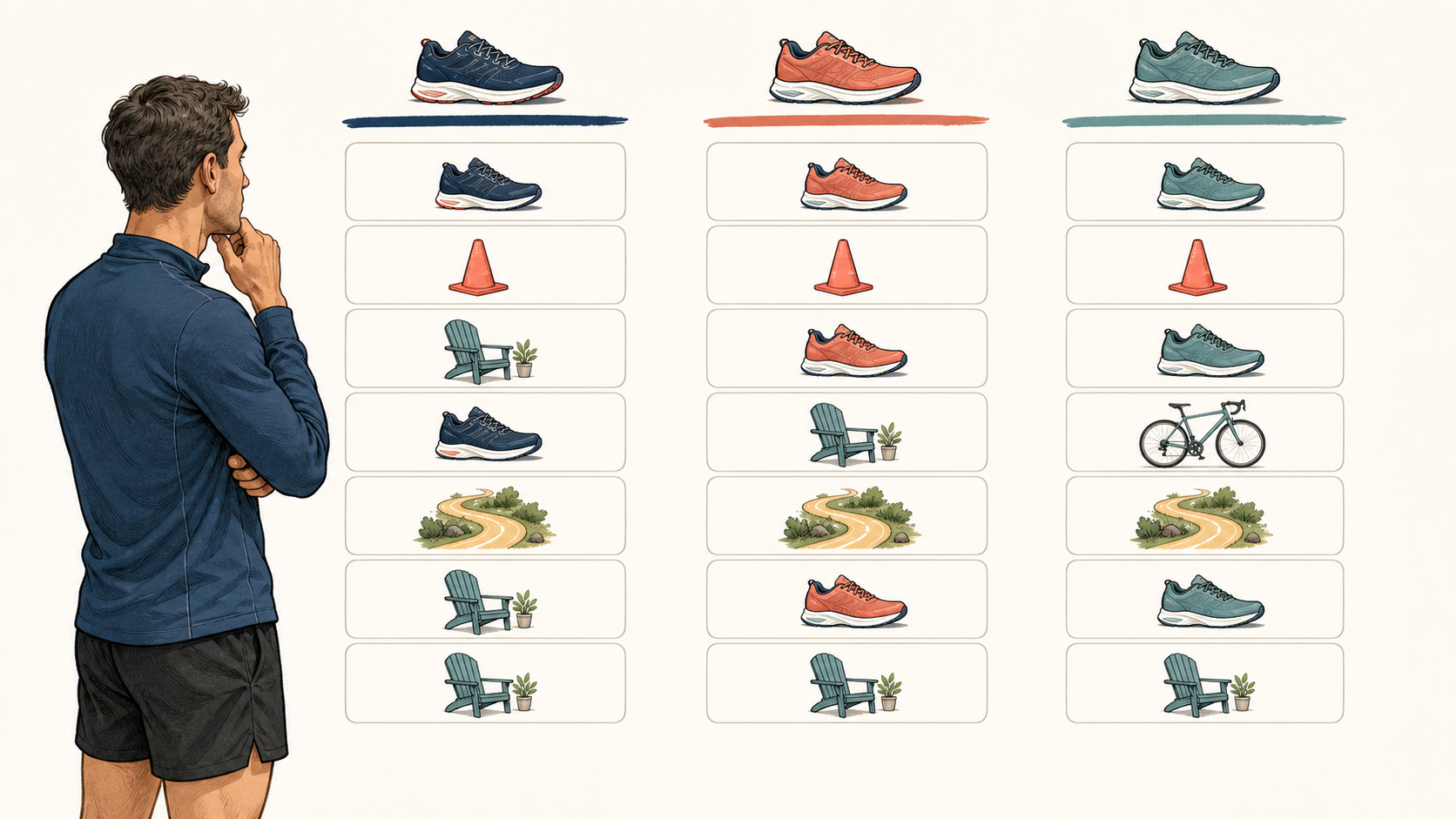 Runner comparing three illustrated weekly schedules using icons for easy runs, a workout, a long run, rest, and cycling
