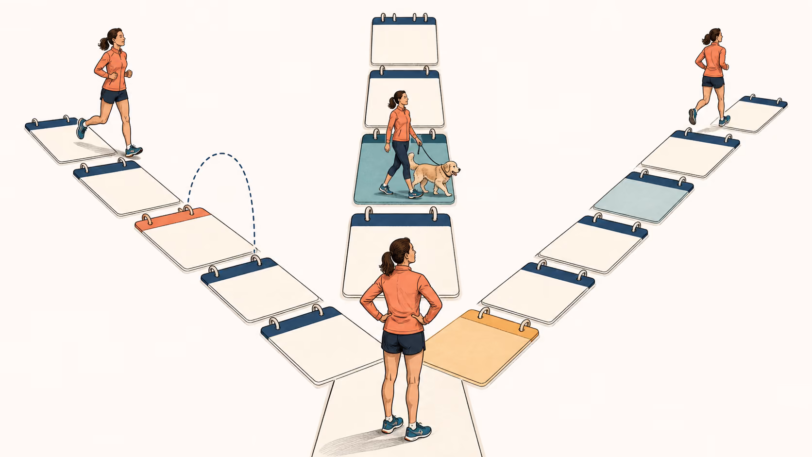 Runner at a branching path of blank calendar cards choosing to skip a missed day, take an easier walking day, or resume with a shorter route