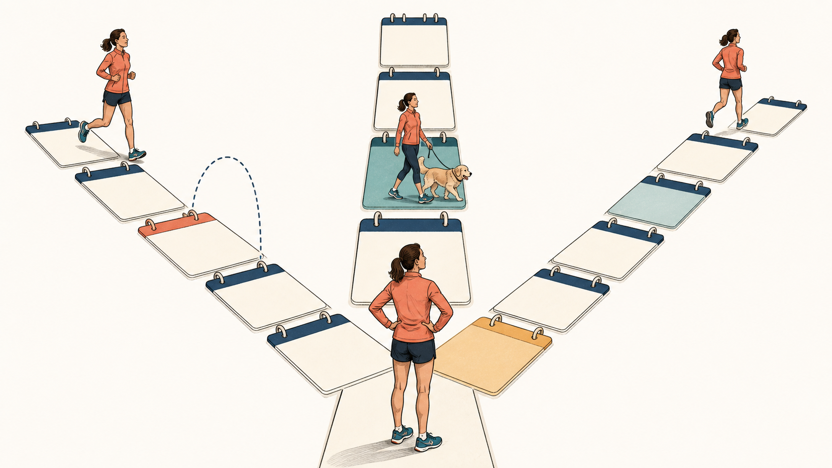 Runner at a branching path of blank calendar cards choosing to skip a missed day, take an easier walking day, or resume with a shorter route