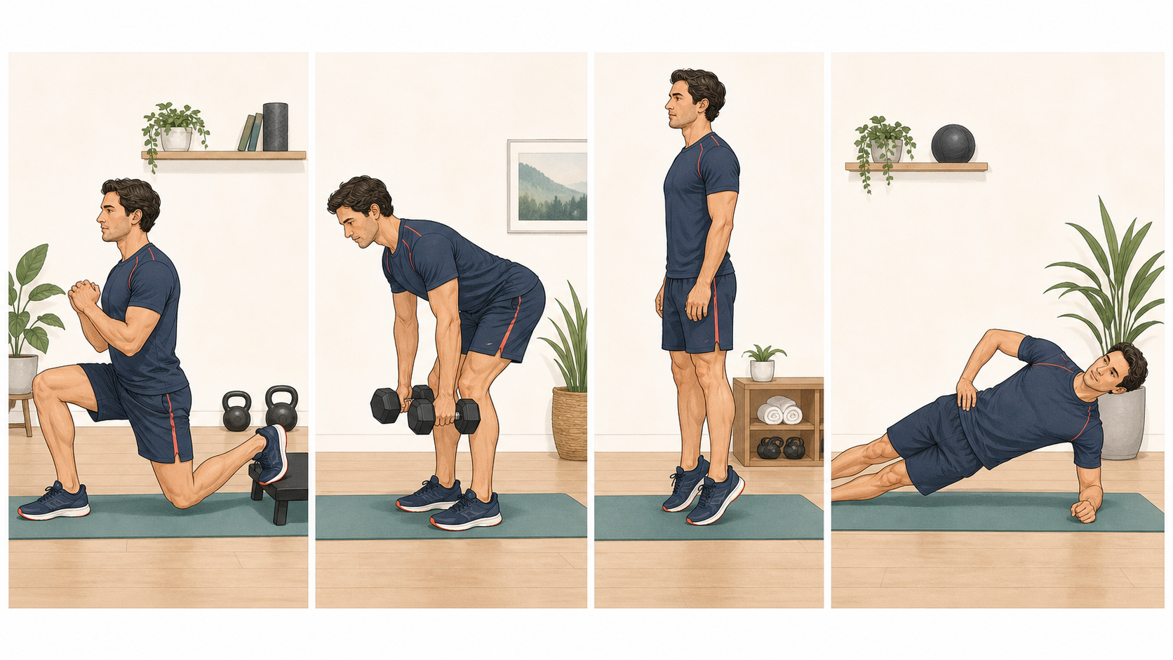 Four-panel instructional illustration of a runner performing a split squat, dumbbell hip hinge, standing calf raise, and side plank