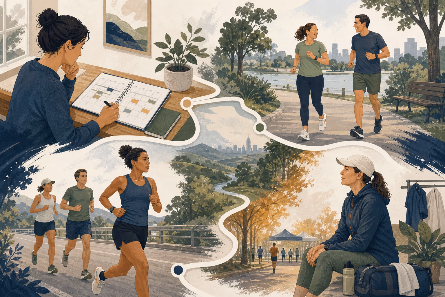 Recreational runners planning, beginning training, completing a workout, and preparing for race day