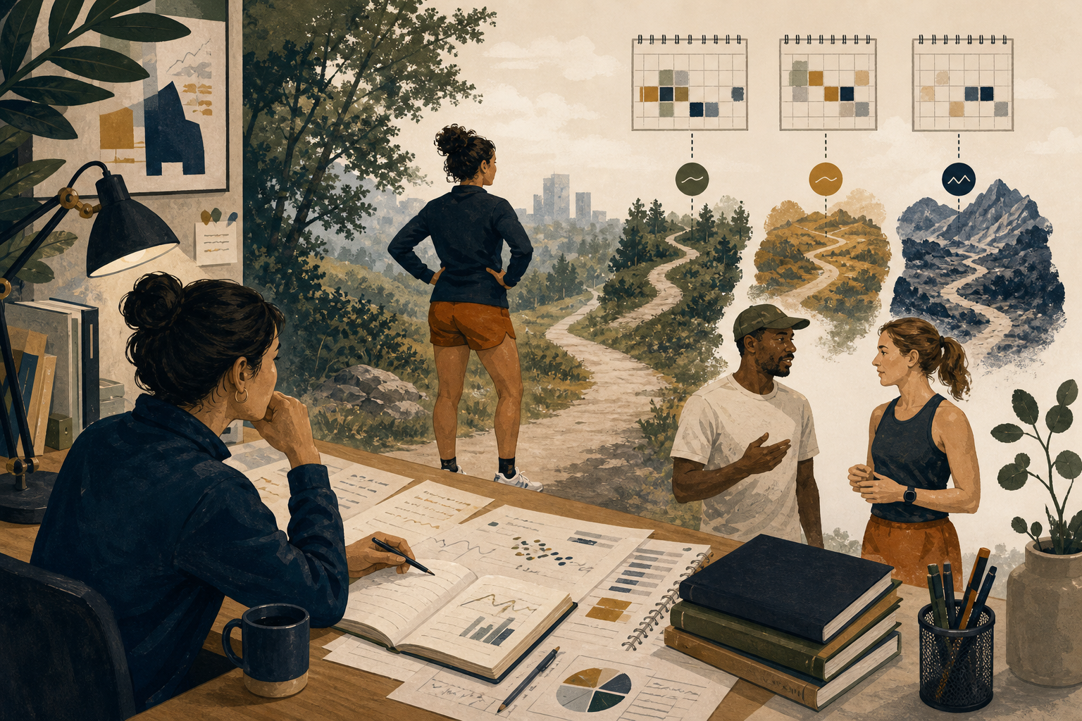 Running editors and recreational runners examining training choices through research, reflection, and different calendar paths