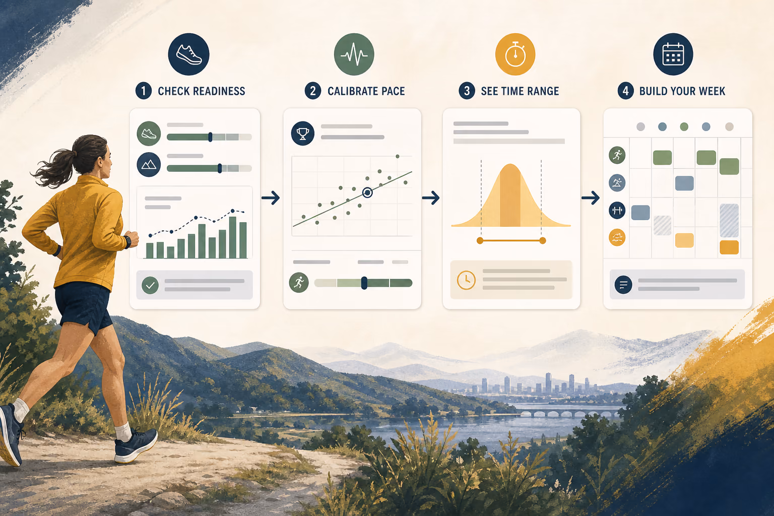 Runner moving through readiness, pace, race prediction, and weekly schedule tools