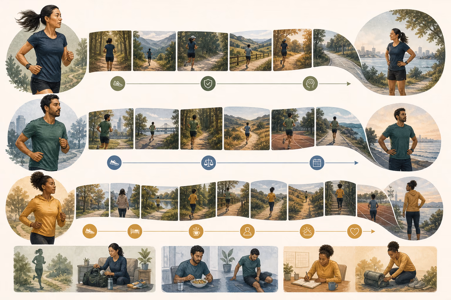 Illustrated eight-, twelve-, and sixteen-week half-marathon timelines showing different amounts of base building, specific training, and tapering