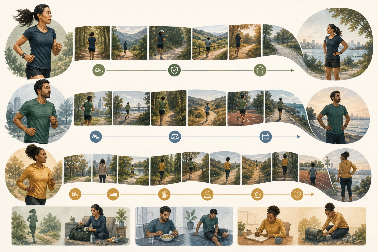 Illustrated eight-, twelve-, and sixteen-week half-marathon timelines showing different amounts of base building, specific training, and tapering