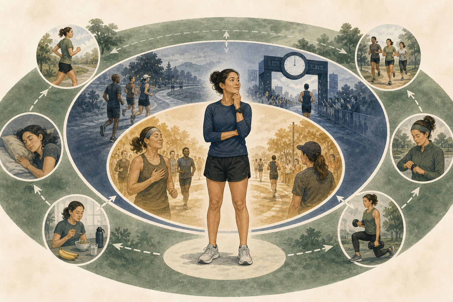 Editorial illustration of a runner considering training, sleep, strength, nutrition, race conditions, social support, and the finish clock