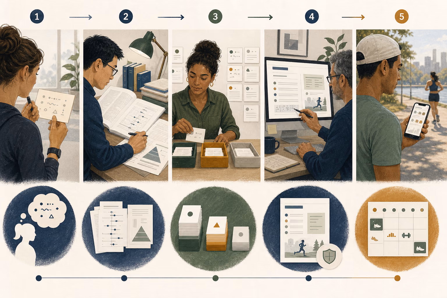 Five-stage editorial workflow showing a question, evidence review, claim sorting, page editing, and a runner using the finished guide