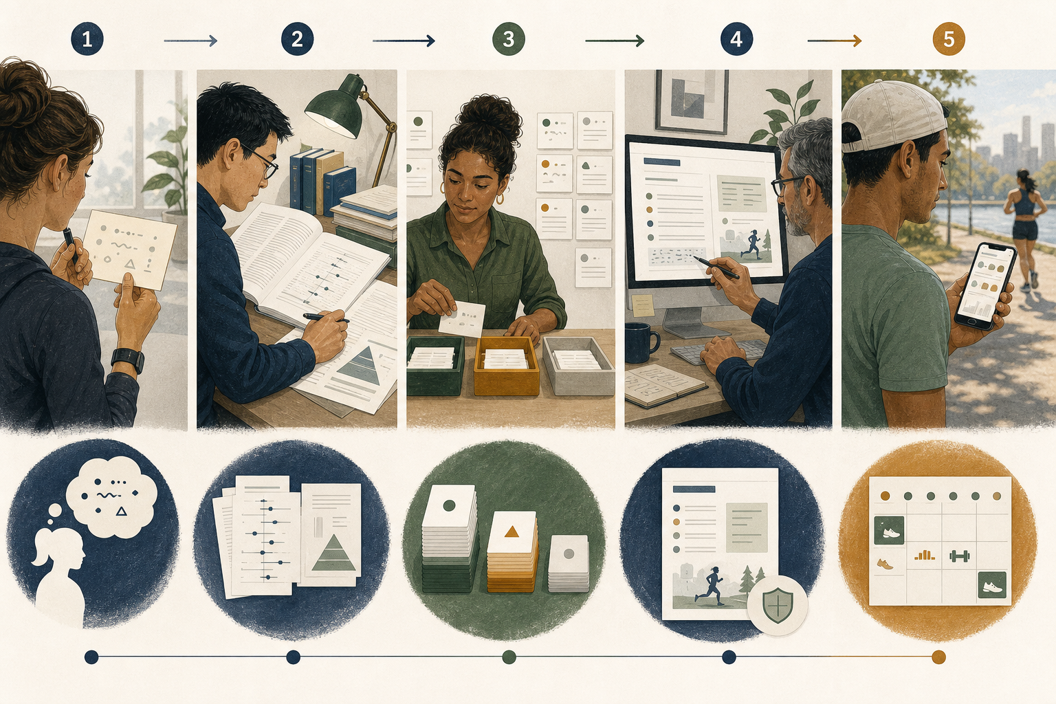 Five-stage editorial workflow showing a question, evidence review, claim sorting, page editing, and a runner using the finished guide