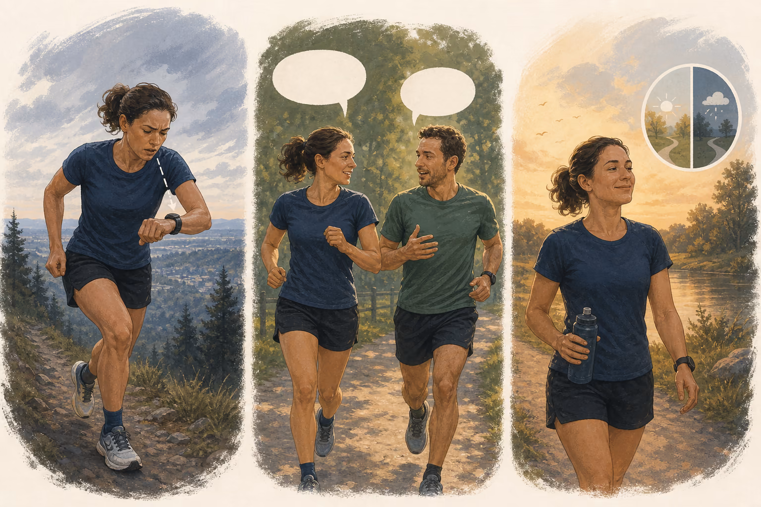 Three-part illustration of a runner straining while checking a watch, talking comfortably with a partner, and adapting calmly to changing weather