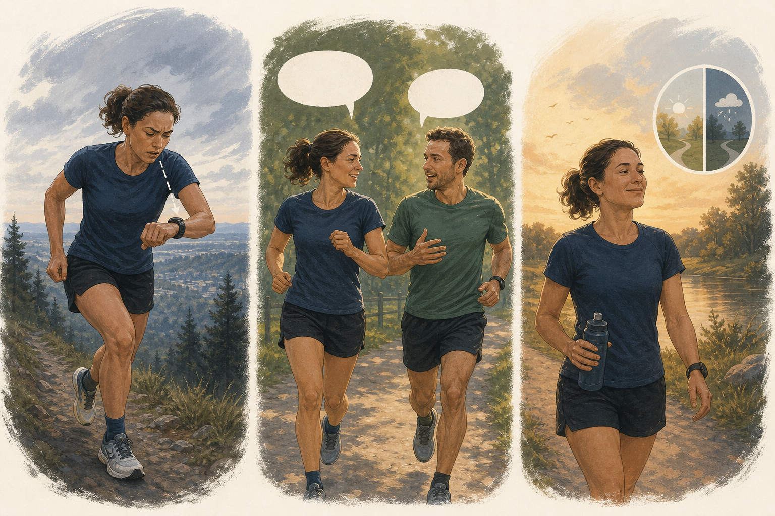 Three-part illustration of a runner straining while checking a watch, talking comfortably with a partner, and adapting calmly to changing weather