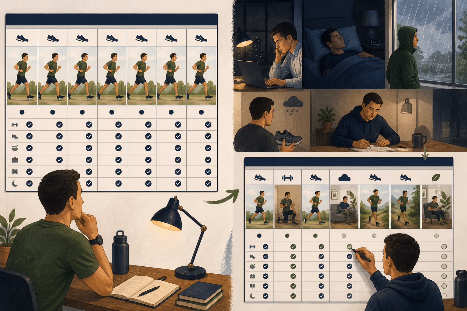 Illustration comparing an ideal seven-day running schedule with a revised week after work, sleep, and weather disruptions