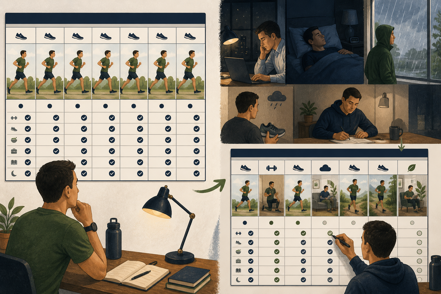 Illustration comparing an ideal seven-day running schedule with a revised week after work, sleep, and weather disruptions