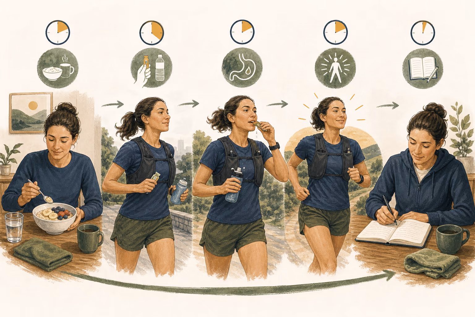 Illustrated sequence showing a runner eating familiar breakfast, carrying tested fuel and water, taking fuel while running, finishing comfortably, and recording the result