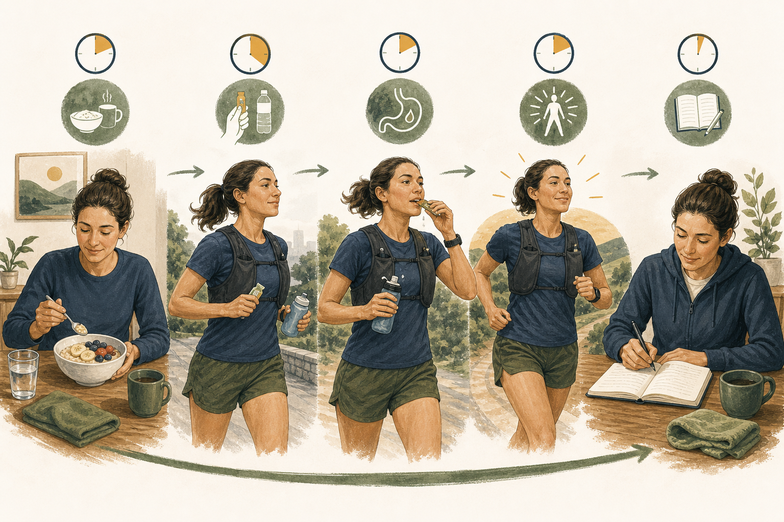 Illustrated sequence showing a runner eating familiar breakfast, carrying tested fuel and water, taking fuel while running, finishing comfortably, and recording the result