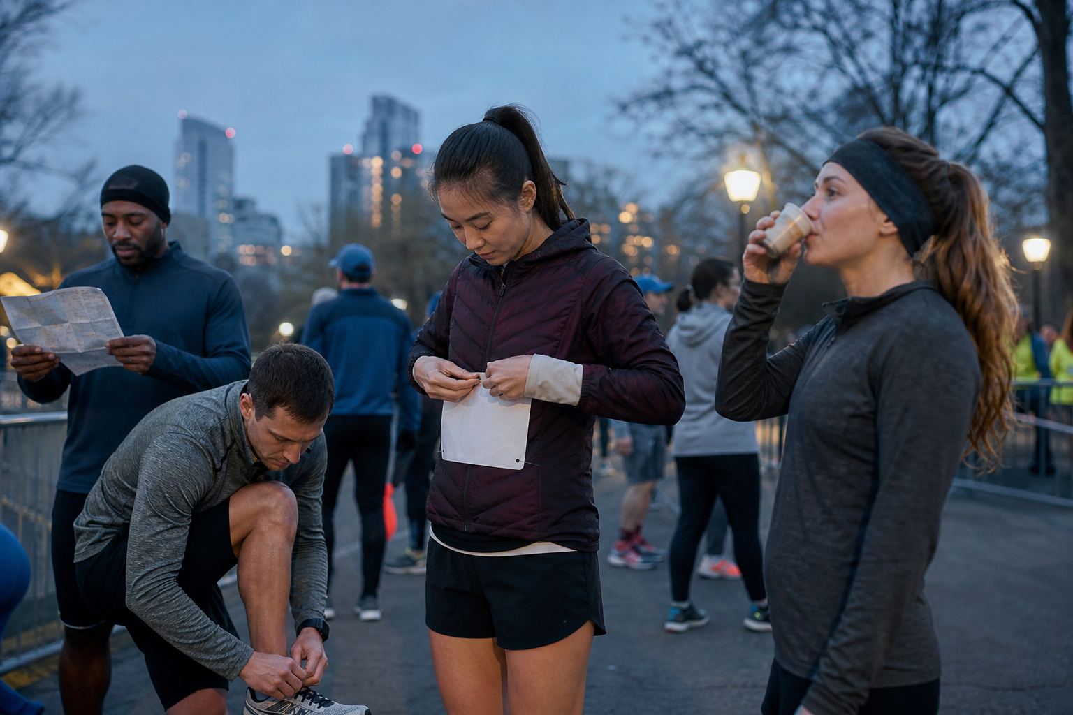 Runners in a city race start area pinning a bib, tying shoes, checking a course map, and taking a familiar drink before dawn