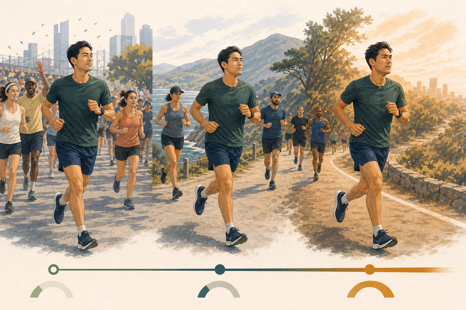 Three-stage illustration of the same runner moving from a crowded controlled start through steady middle miles to a focused late-race effort