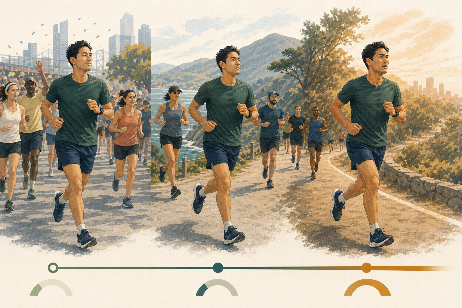 Three-stage illustration of the same runner moving from a crowded controlled start through steady middle miles to a focused late-race effort