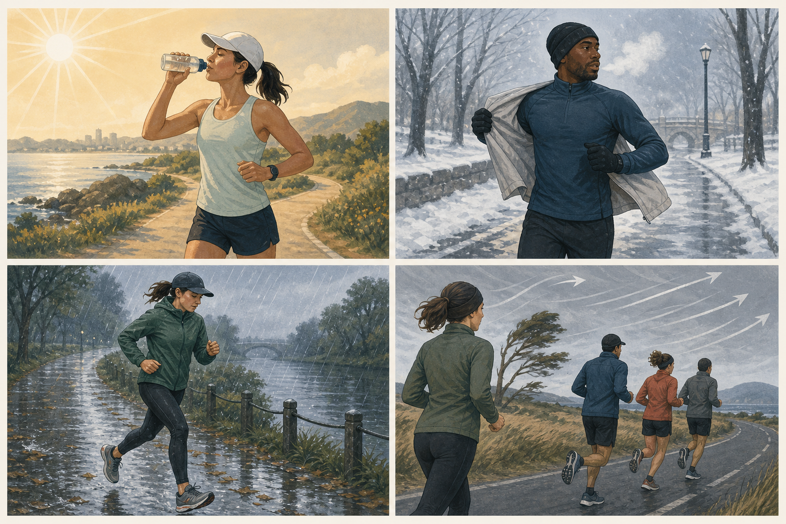 Instructional illustration of a runner preparing for hot sun, wind, rain, and cold with different clothing and pacing choices