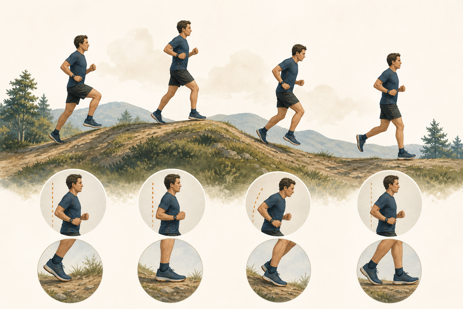 WikiHow-style sequence showing a runner using shorter uphill steps, steady posture over a crest, and quick balanced downhill steps