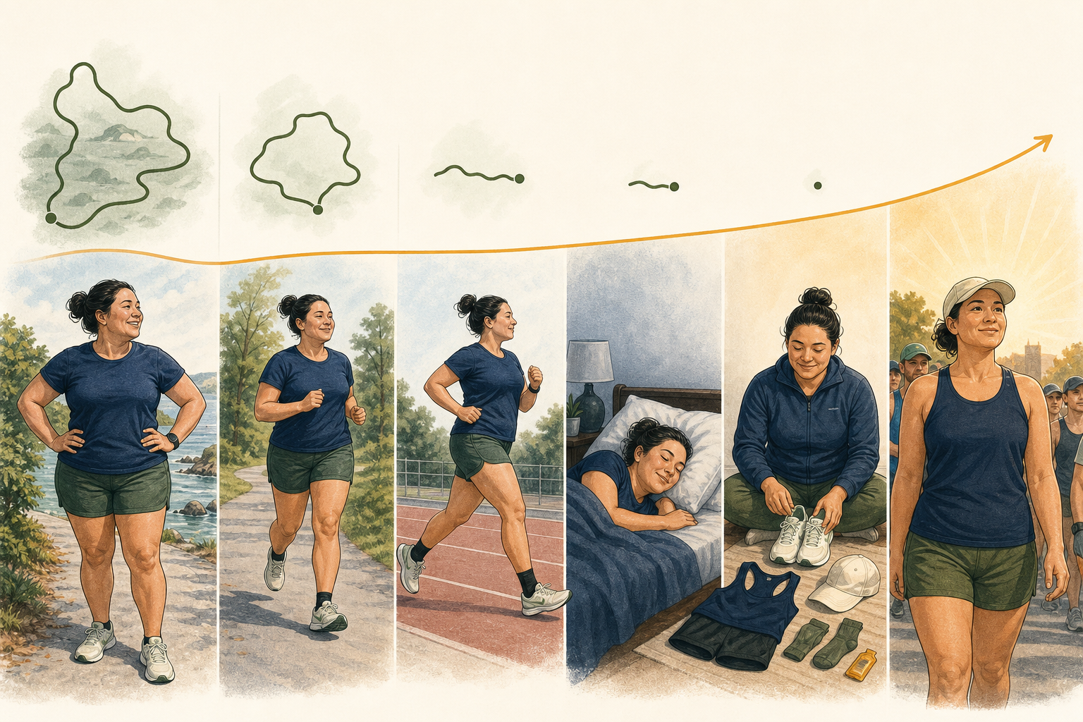 Illustrated sequence of a runner completing progressively shorter training loops, resting, preparing gear, and arriving composed at a race start