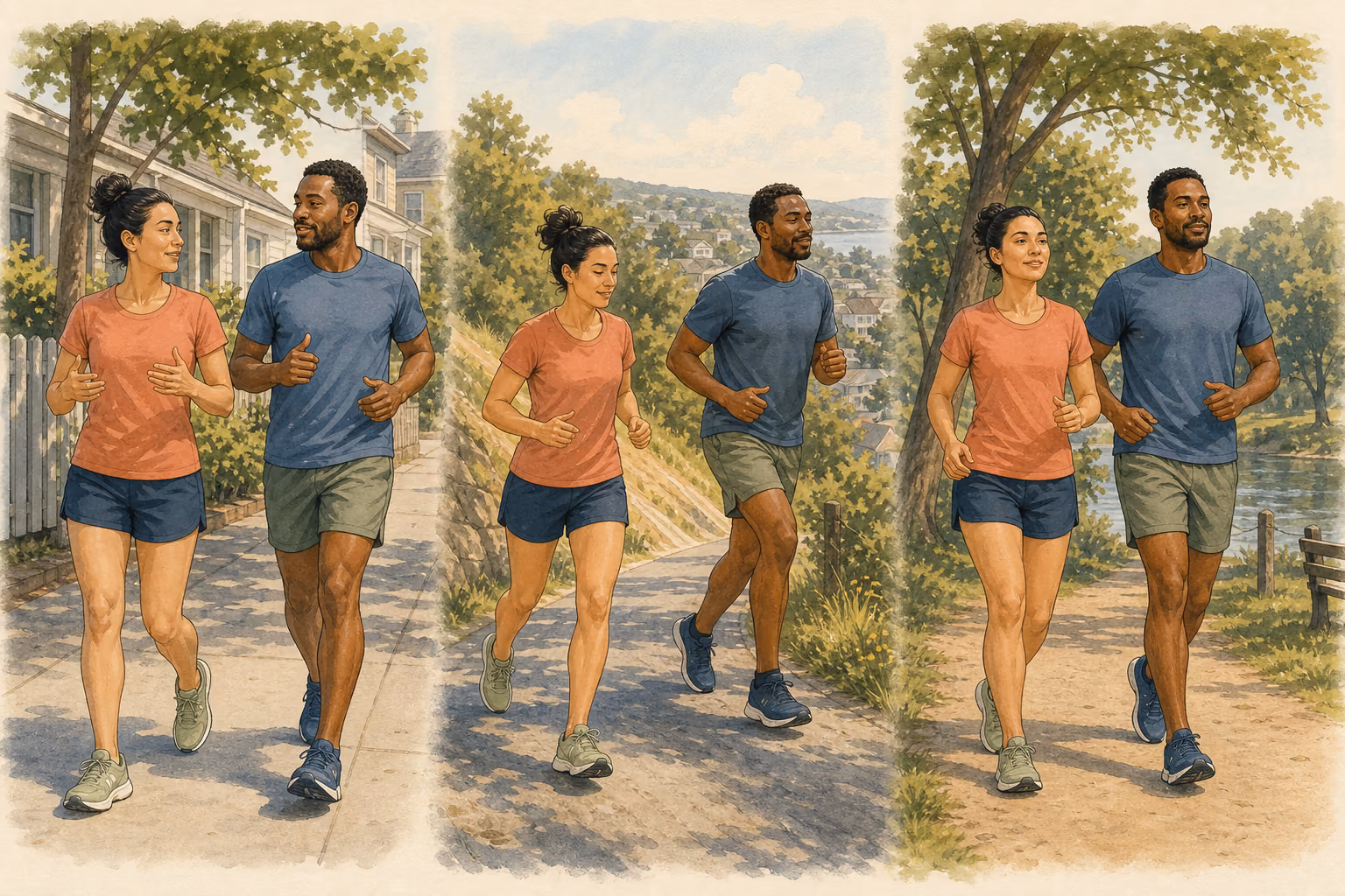 Instructional illustration of two runners talking comfortably, slowing on a sunny hill, and finishing a park run with relaxed posture