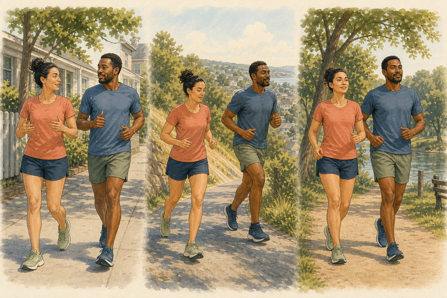 Instructional illustration of two runners talking comfortably, slowing on a sunny hill, and finishing a park run with relaxed posture