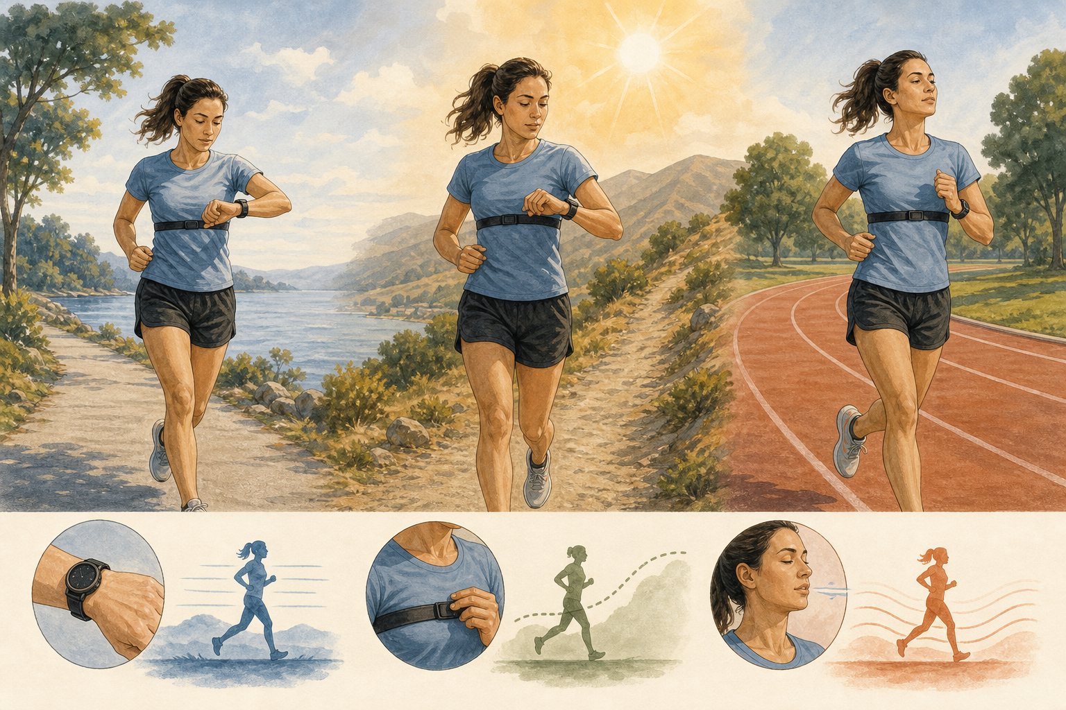 Instructional illustration of a runner checking pace on a cool flat route, heart rate on a hot incline, and breathing and posture during a track workout