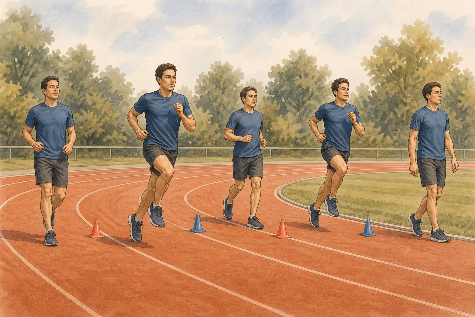 Instructional illustration of a runner warming up, completing two controlled track repetitions with a slow jogging recovery, and stopping with good form